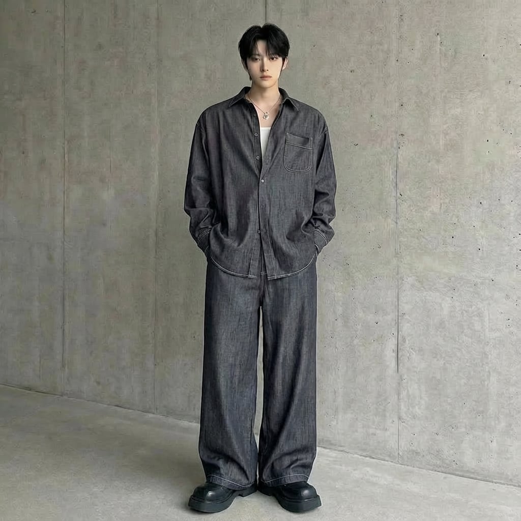 ステッチデザイン ドレープカジュアルシャツ&ワイドレッグパンツ セットアップ D11660