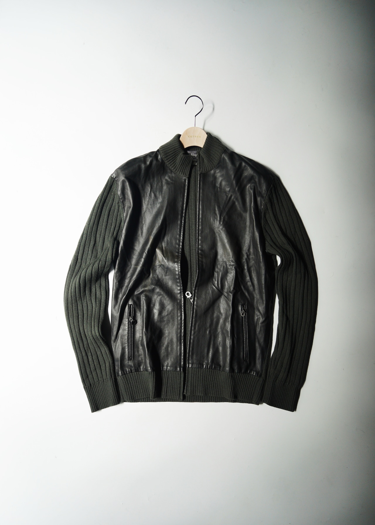 90’s Salvatore Ferragamo switching leather gancino zip drivers knit