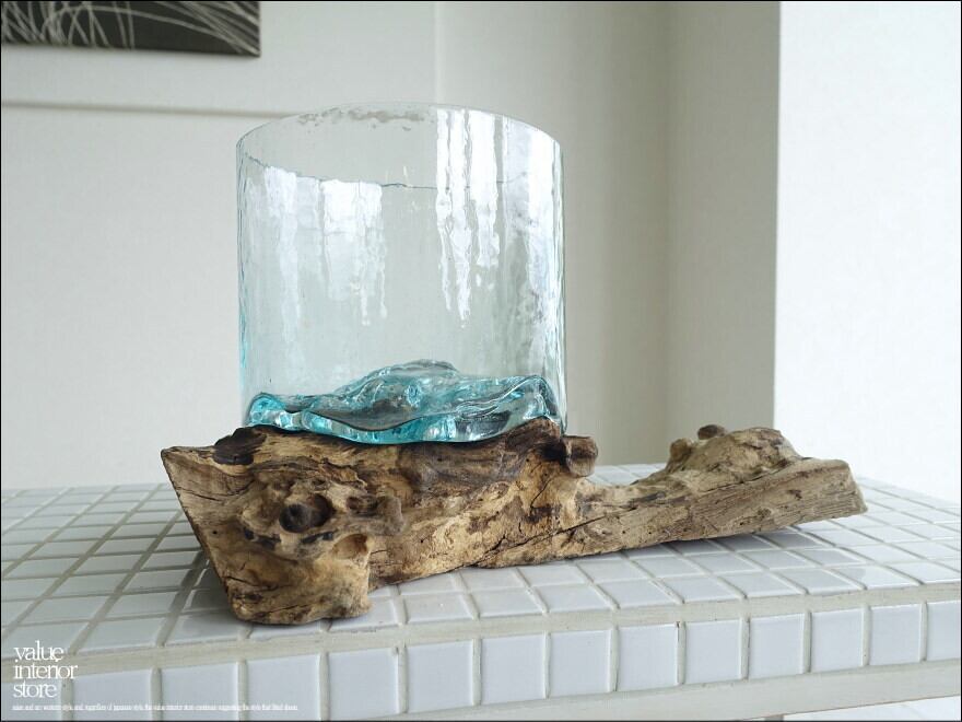 硝子フラワーベースKyli / L-02 花瓶 メダカ鉢 めだか鉢 プリミティブガラスベース 吹きガラス 手作り 一点物 自然な様