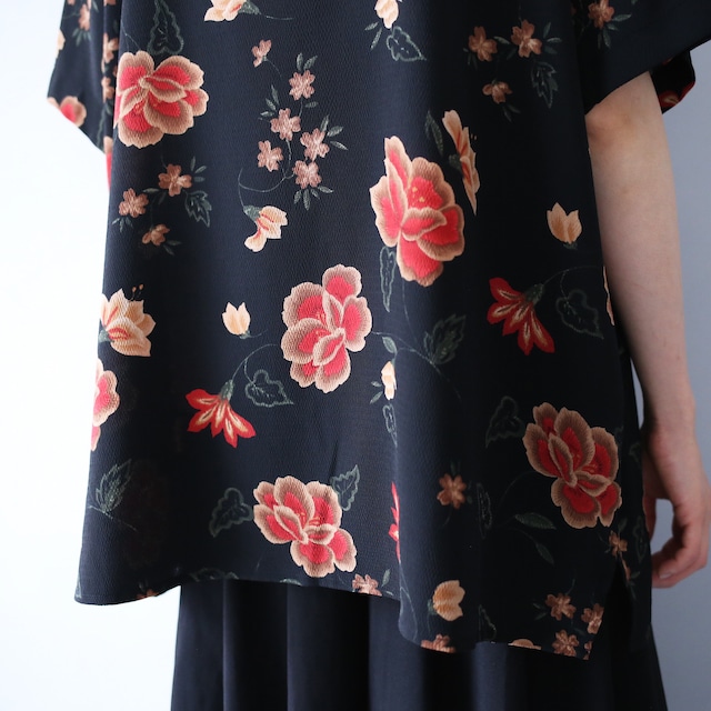 "花柄" black base red flower pattern box silhouette h/s shirt