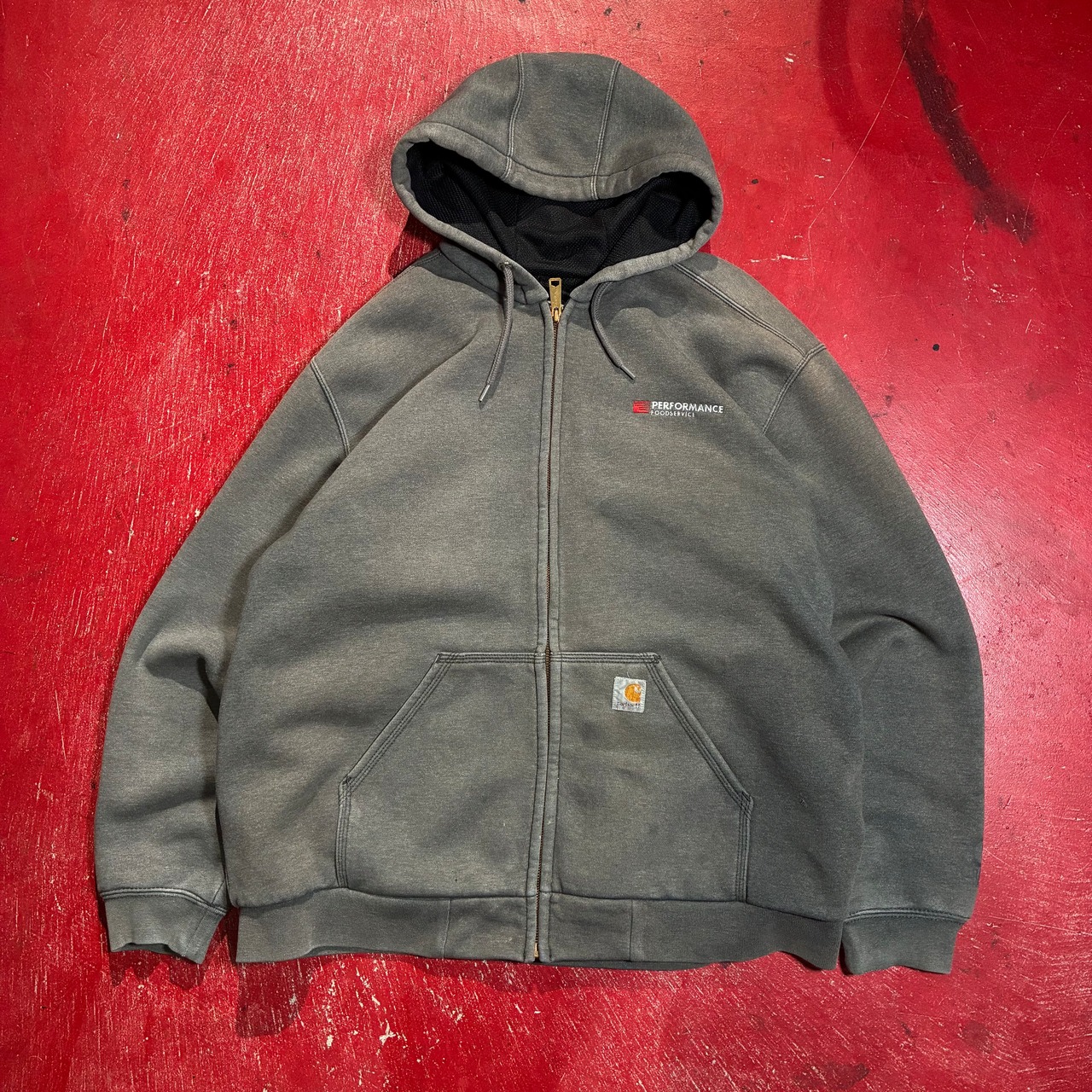 Carhartt ジップパーカー フェードグレー 裏地メッシュサーマル 企業ロゴ