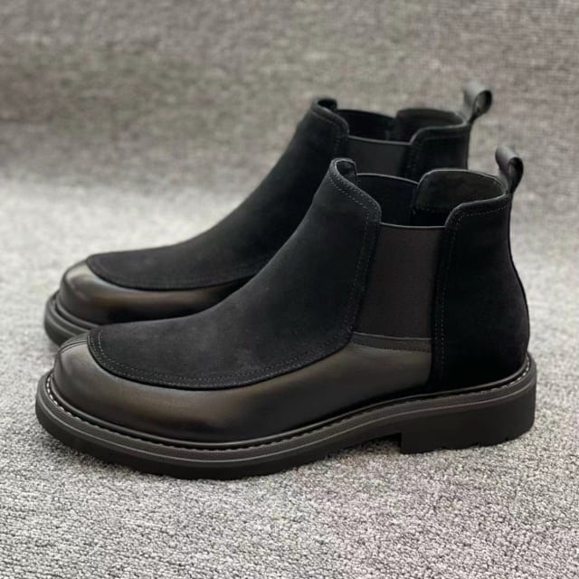 【予約販売】ブーツ レザー メンズ 艶 サイドゴア 異素材 ゴツ底 厚底 靴 ブラック 黒 ハイカット お洒落 韓国 トレンド カジュアル ビンテージ風 24cm/24.5cm/25cm/25.5cm/26cm/26.5cm/27cm