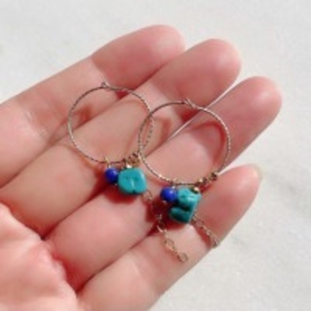 【超美石】天然ターコイズ×ラピスラズリ　フープピアス（14Kgf製） 4395