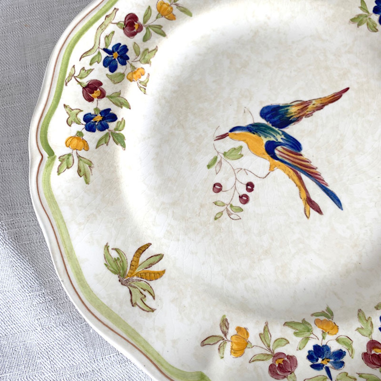 手描きプレート 飾り皿　若草色のフレーム　ロンシャン　鳥と木の実 12twch3