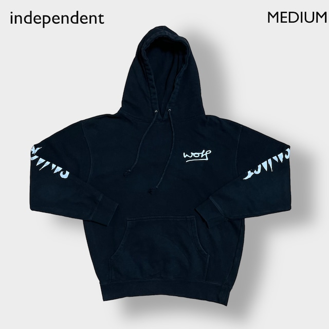 FANJOY independent ワンポイント ロゴ 袖プリント M プルオーバー パーカー スウェット フーディー インディペンデント 黒 us古着