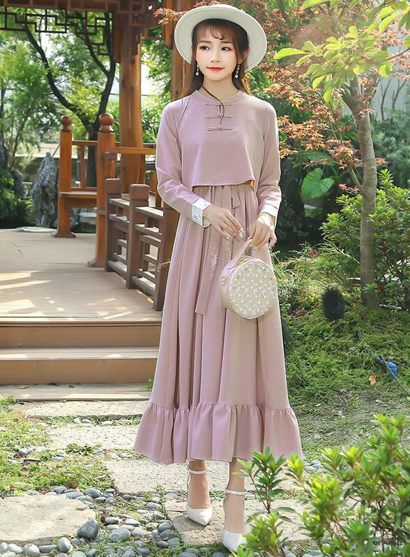 チャイナ風ワンピース チュニック ドレス 唐装 漢服 可愛い レトロ スタンドネック 長袖 ロング丈 改良型チャイナドレス S M L Ll 着痩せ 可愛い ピンク Elegant チャイナ風ワンピース チュニック ドレス 唐装 漢服 可愛い レトロ スタンドネック 長袖 ロング丈 改良型チャイナドレス S M L Ll 着痩せ 可愛い ピンク Elegant