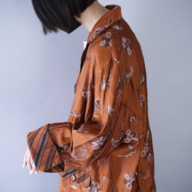 "刺繍" flower pattern gloss fabric loose silhouette shirt jacket