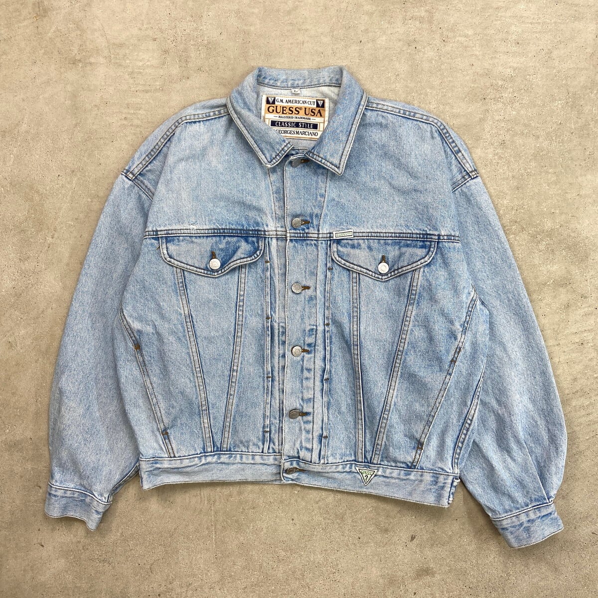 90年代 USA製 GUESS ワンポイントロゴ刺繍 デニムジャケット メンズXL