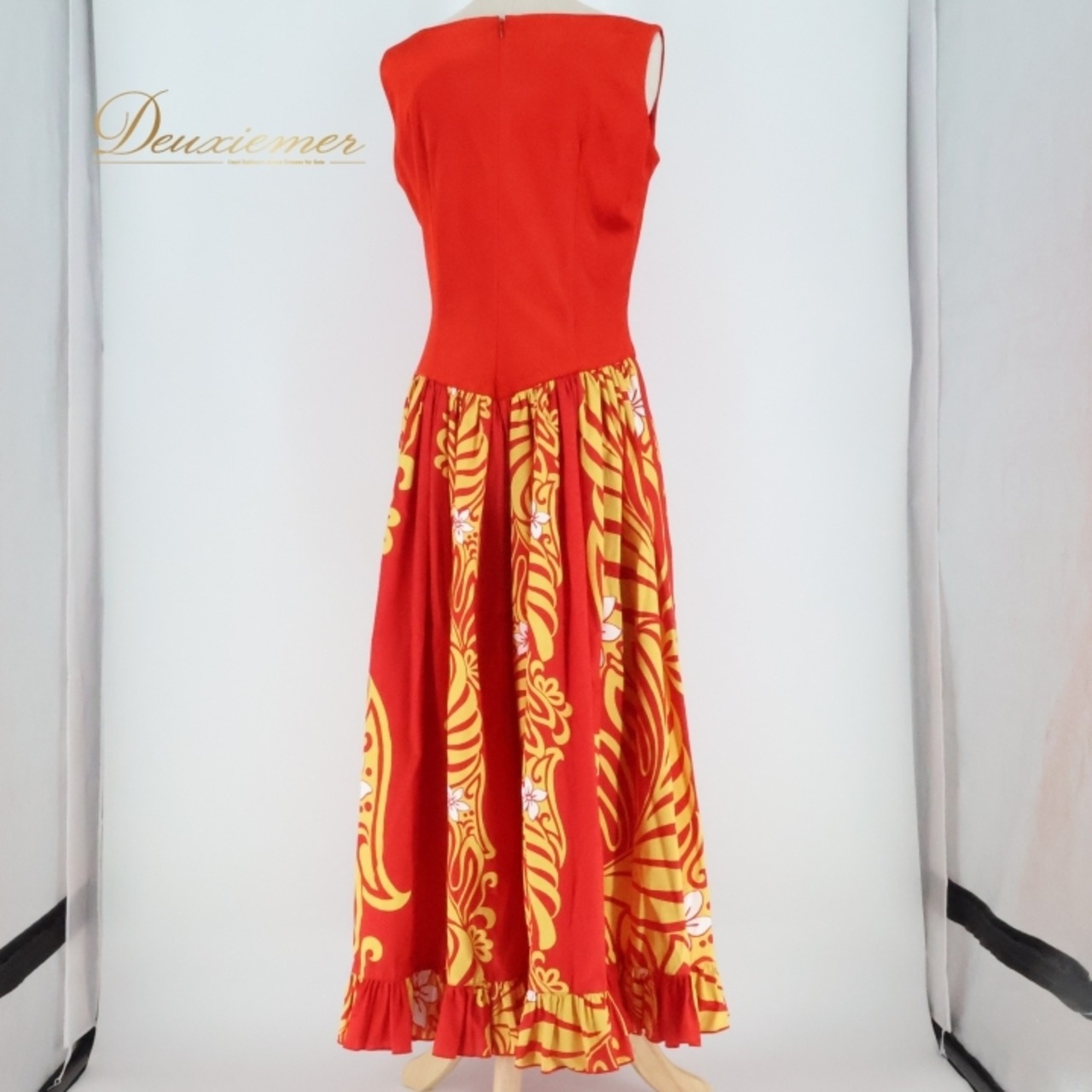 フラダンス 衣装 ワンピース ドレス PINTUCK レッド系 ベロア ノースリーブ 異素材 フリル プルメリア柄 ラウアエ柄 かわいい 華やか 鮮やか 明るい 赤 黄 白 ハワイアン アロハ ハワイアンプリント フラ ダンス レッスン 練習 イベント