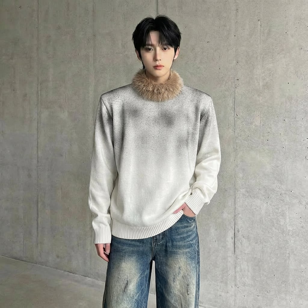 ファーネック スプレープリントルーズニット 3カラー D12088