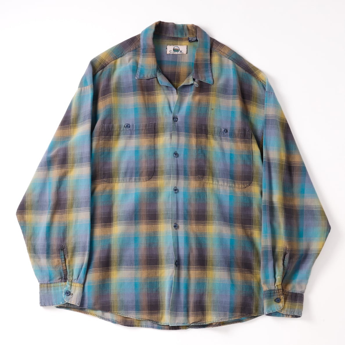 極美品】70s special Vintage ombre check open collar shirt green