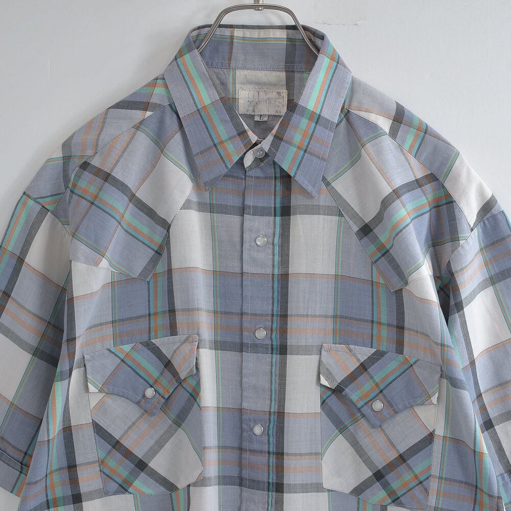 90s~ EXPRESS RIDER タータンチェック 総柄 ウエスタンシャツ ヴィンテージ 半袖 格子柄 グレー カウボーイ ビンテージ USA アメリカ古着 メンズサイズ