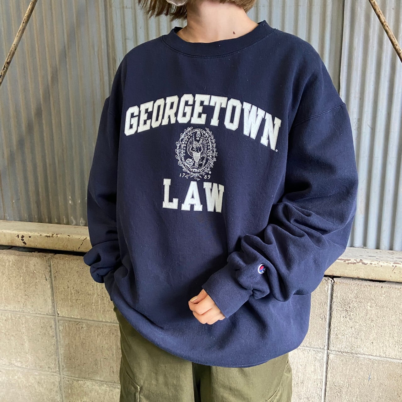 Champion チャンピオン GEORGE TOWN LAW カレッジロゴプリント スウェットシャツ メンズL 古着 トレーナー ネイビー  紺色【スウェット】【SW20】【AN20】 | cave 古着屋【公式】古着通販サイト