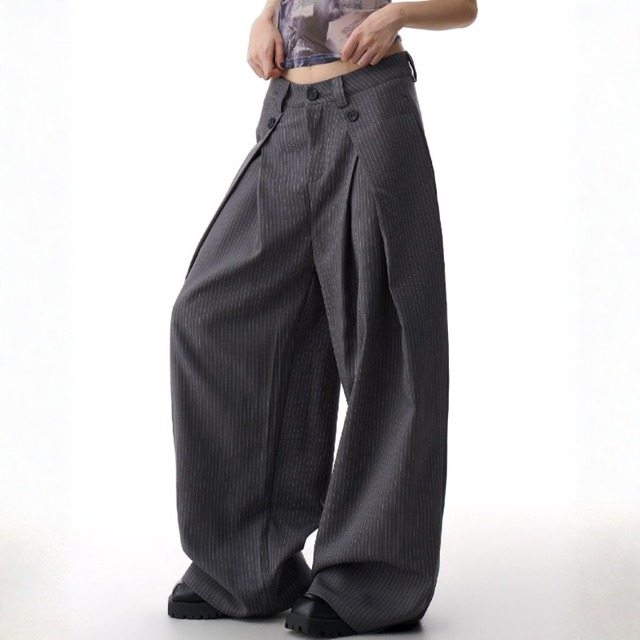 Symmetric tuck pinstripe wide pants　V3055