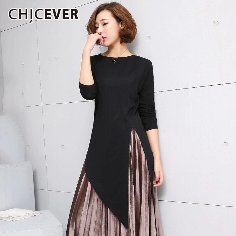 CHICEVER春のTシャツ女性Oネック長袖非対称裾ルーズプラスサイズ黒の女性のTシャツ服 ロング ブラック 大きめサイズ スプリング 春物 6base571057209885