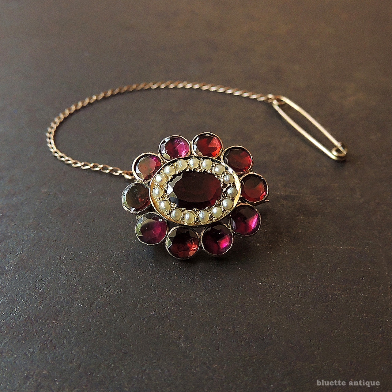 アンティークジュエリー ジョージアン 9ctゴールド 天然アルマンディンガーネット 真珠 レースピン ブローチ(鑑別書付)