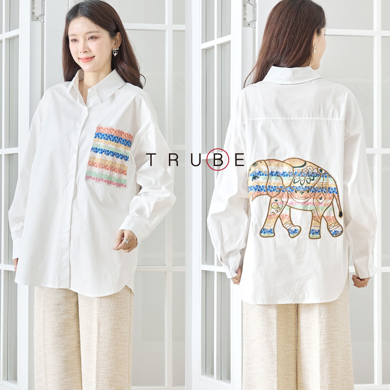 TRUBE エレファントアートコットン刺繍シャツ【M~L】ホワイト