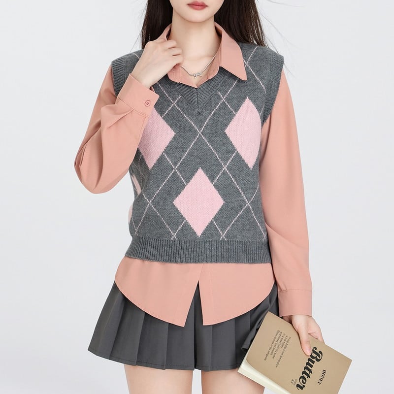 shirt&vest&skirt college argyle girly 3set m1360