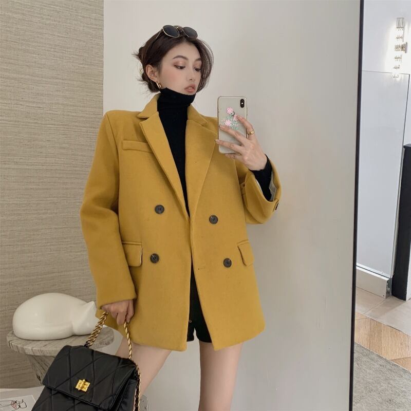 レディーススーツウールウインドブレーカージャケット秋冬厚手2020新しいレトロルーズミドル丈ウールコート ブラックストロベリース21440902894