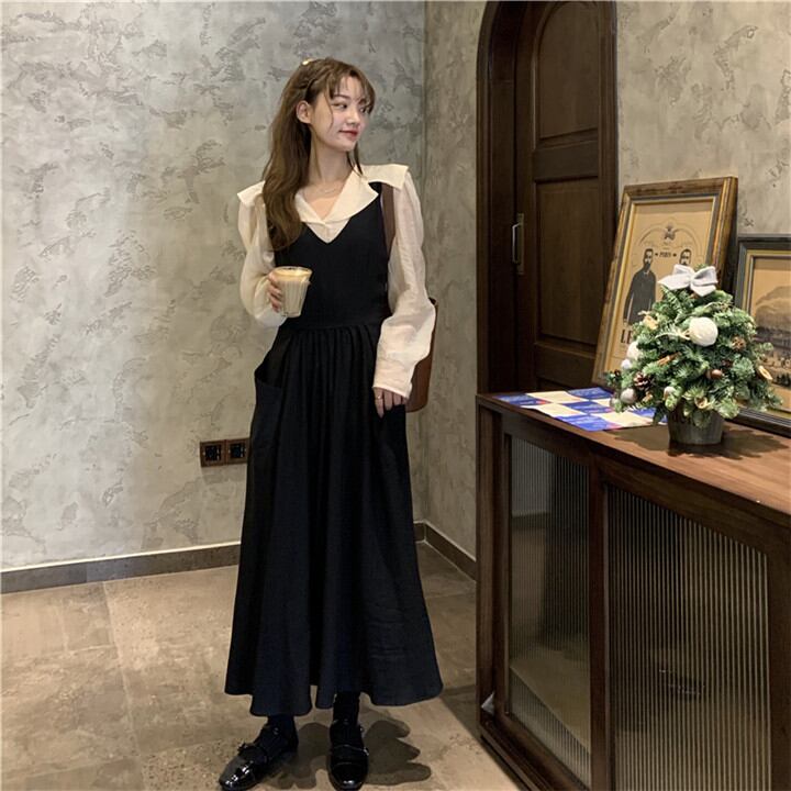 ゆるっとお洒落に!フリル 長袖 シフォン シャツ ロングセクション サスペンダースカート 2点セット