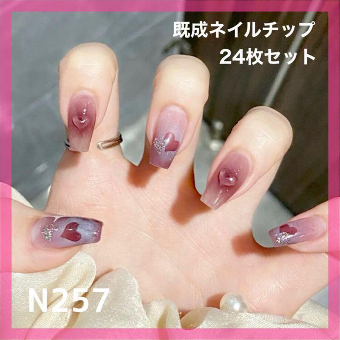 N257》既成ネイルチップ24枚セット ゆめかわ ピンク ハート 量産型 赤 