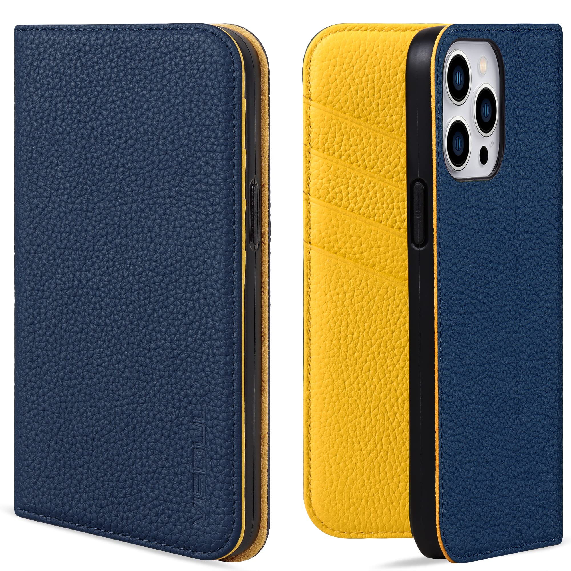 VISOUL iphone14 ProMax ケース 手帳型 本革 レザー スタンド機能付き手帳型ケース カードポケット 携帯ケース 全面保護 マグネット内蔵 柔軟なTPU素材 スマホケース アイホン14 ProMax 対応 6.7インチ アイフォン14 ProMax ネイビー レモン
