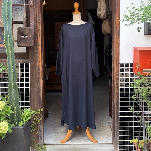 MITTAN　OP-15　綾織絹麻長袖ワンピース　濃紺  size 1