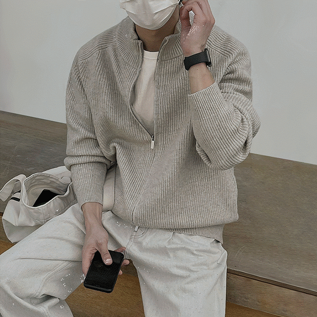 ハーフジッパー ベージュ  ニット トップス セーター メンズファッション 韓国
