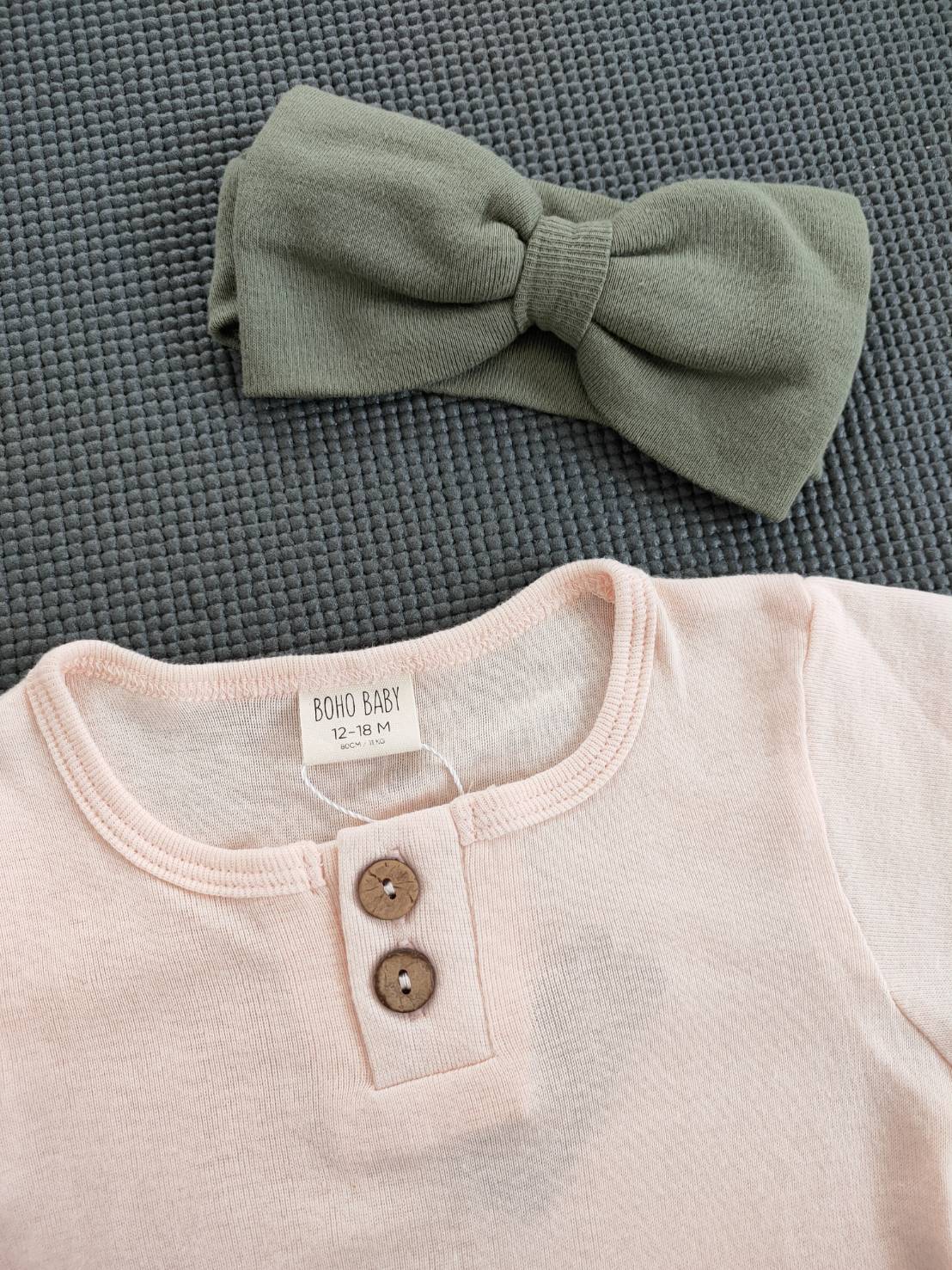 Boho baby/Long sleeve &Classic bow SET 1Y/Pearl×Pistachio 長袖ロンパ&リボンセット