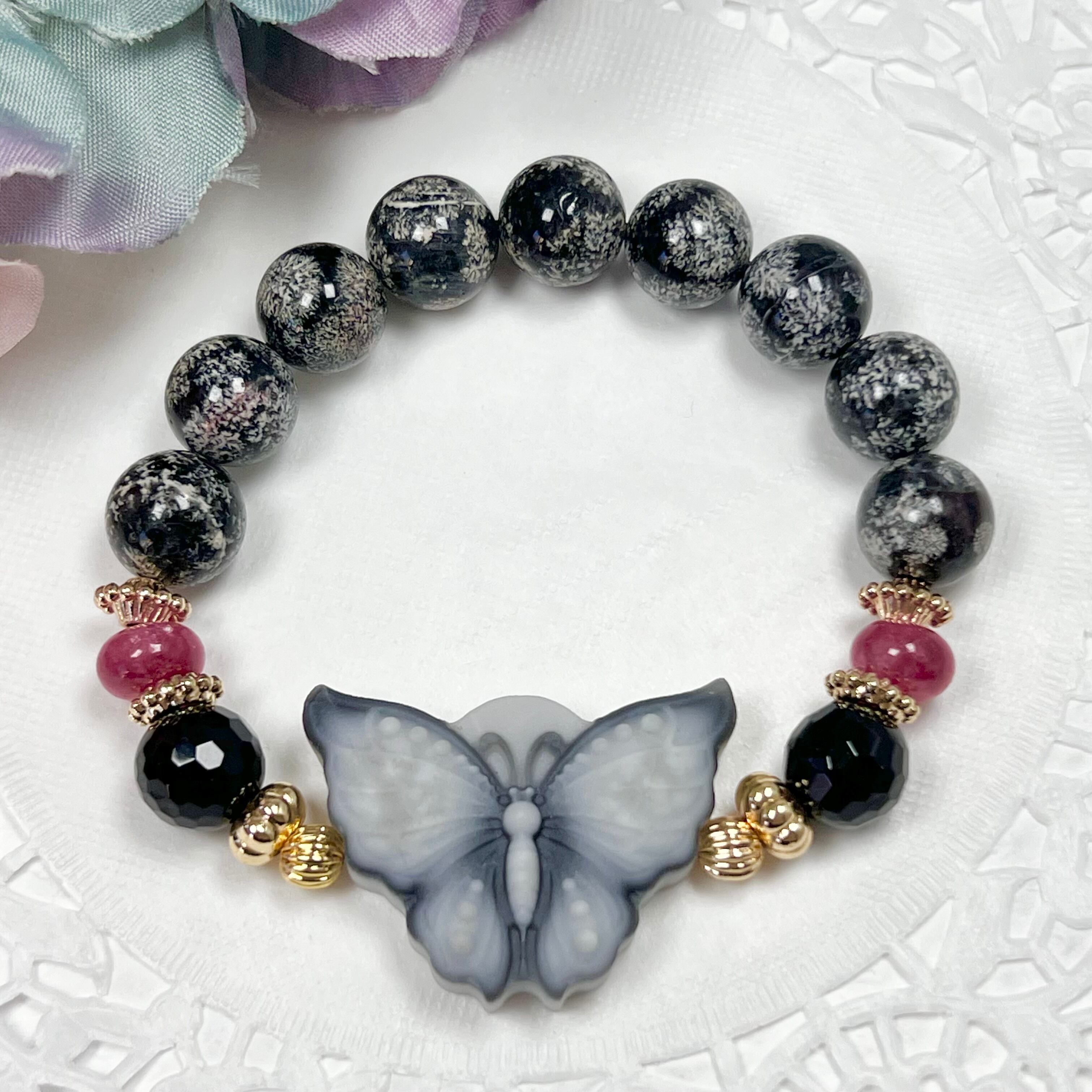 【太極石 蝶々 フラワーオブシディアン ブレスレット】❤︎送料無料❤︎天然石 パワーストーン