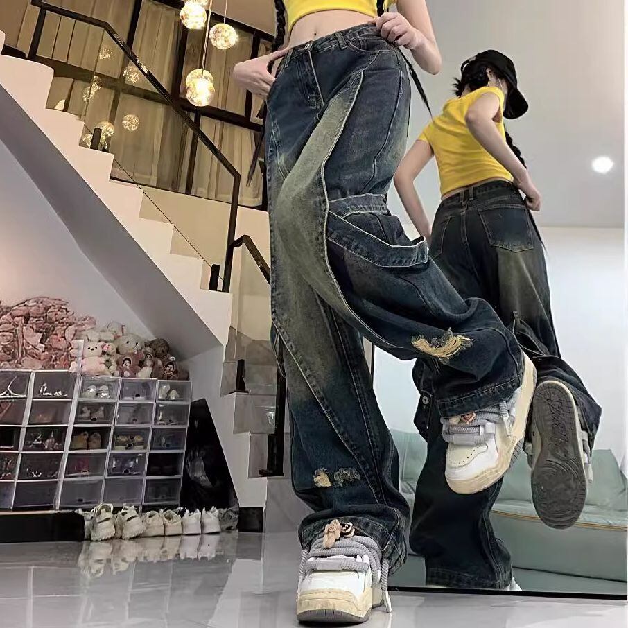 レッグベルト デニムパンツ ウォッシュ加工 ヴィンテージ風 ダメージ