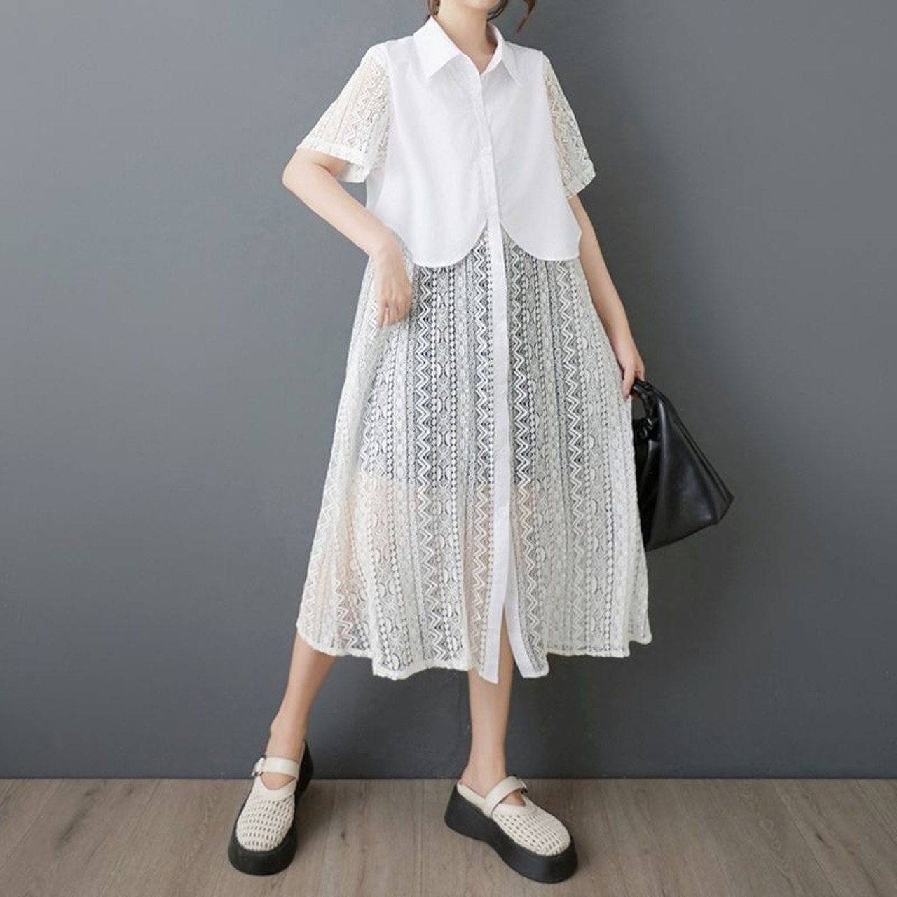 レイヤード風 シースルー シャツワンピース 30159