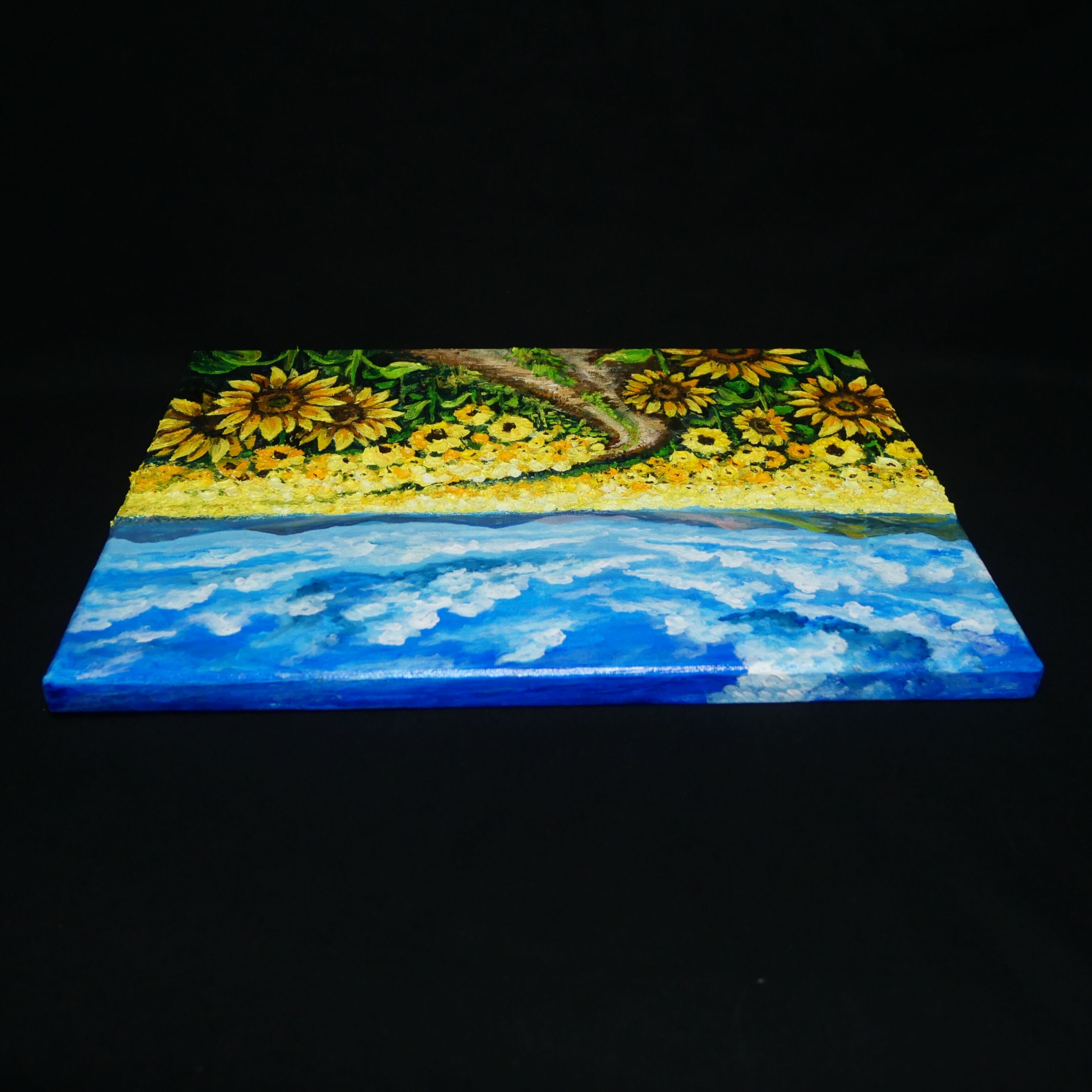 ひまわり油絵【明日へ続くひまわり小道】夏の向日葵 鮮やかな風景画