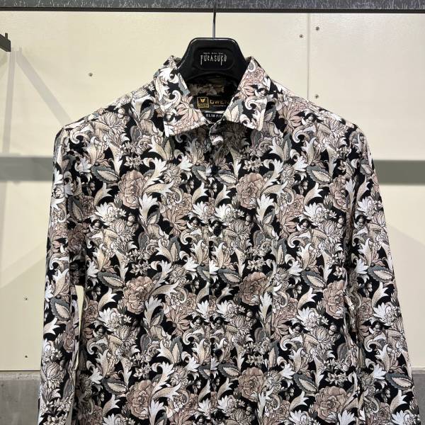 ブラック 花柄長袖シャツ 柄シャツ ストレッチコットン メンズ