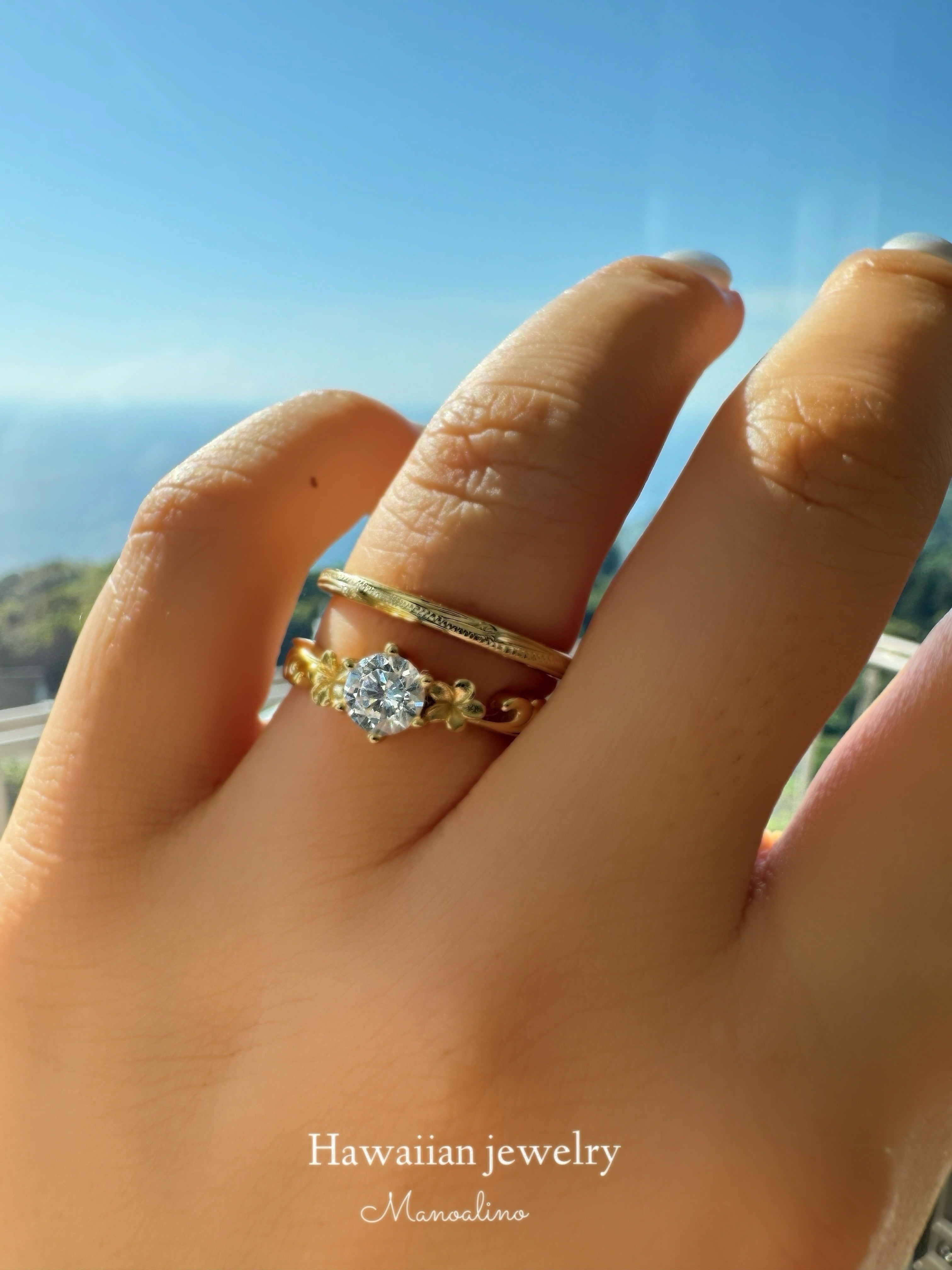 手彫り】Cz Diamond×Plumeria ring Hawaiian jewelry(Czダイヤモンド