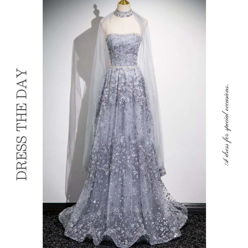 クリスタル刺繍2WAYスリーブドレス D0175