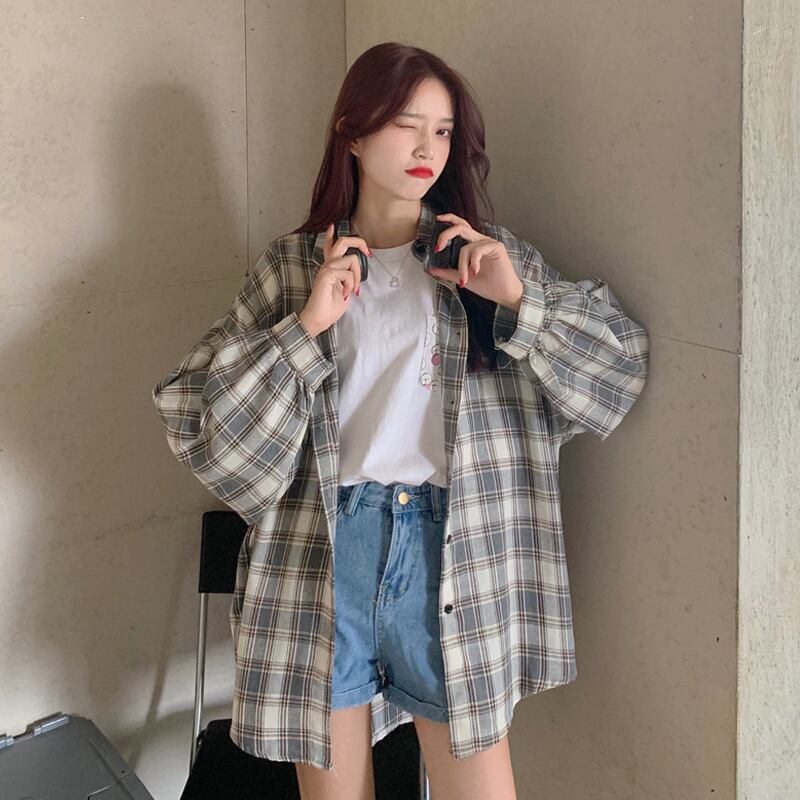 格子柄シャツ ジャケット スプリングオータム薄手ルーズ 大きめサイズ 春物 秋物 試着室99429196796