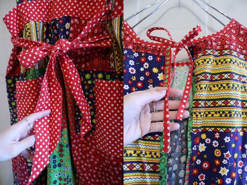 70s red×green patchwork pattern apron dress [l-4705] | Fizzvintage