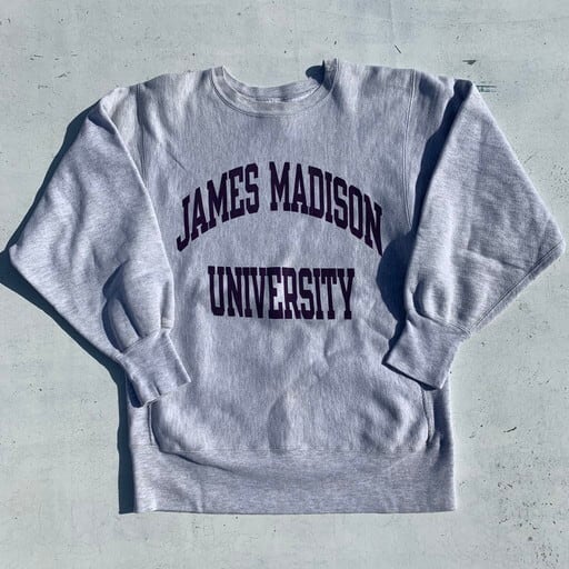 90's Champion チャンピオン リバースウィーブ RW 2段 染み込みプリント 刺繍タグ JAMES MADISON UNIVERSITY  グレー パープル カレッジ ミントコンディション USA製 LARGE 希少 ヴィンテージ | agito vintage powered by