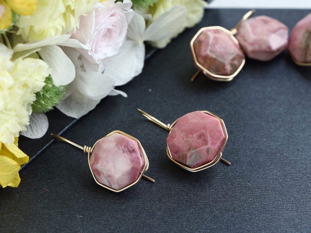 14kgf- Rose candy wrap pierced earrings（rhodonite)