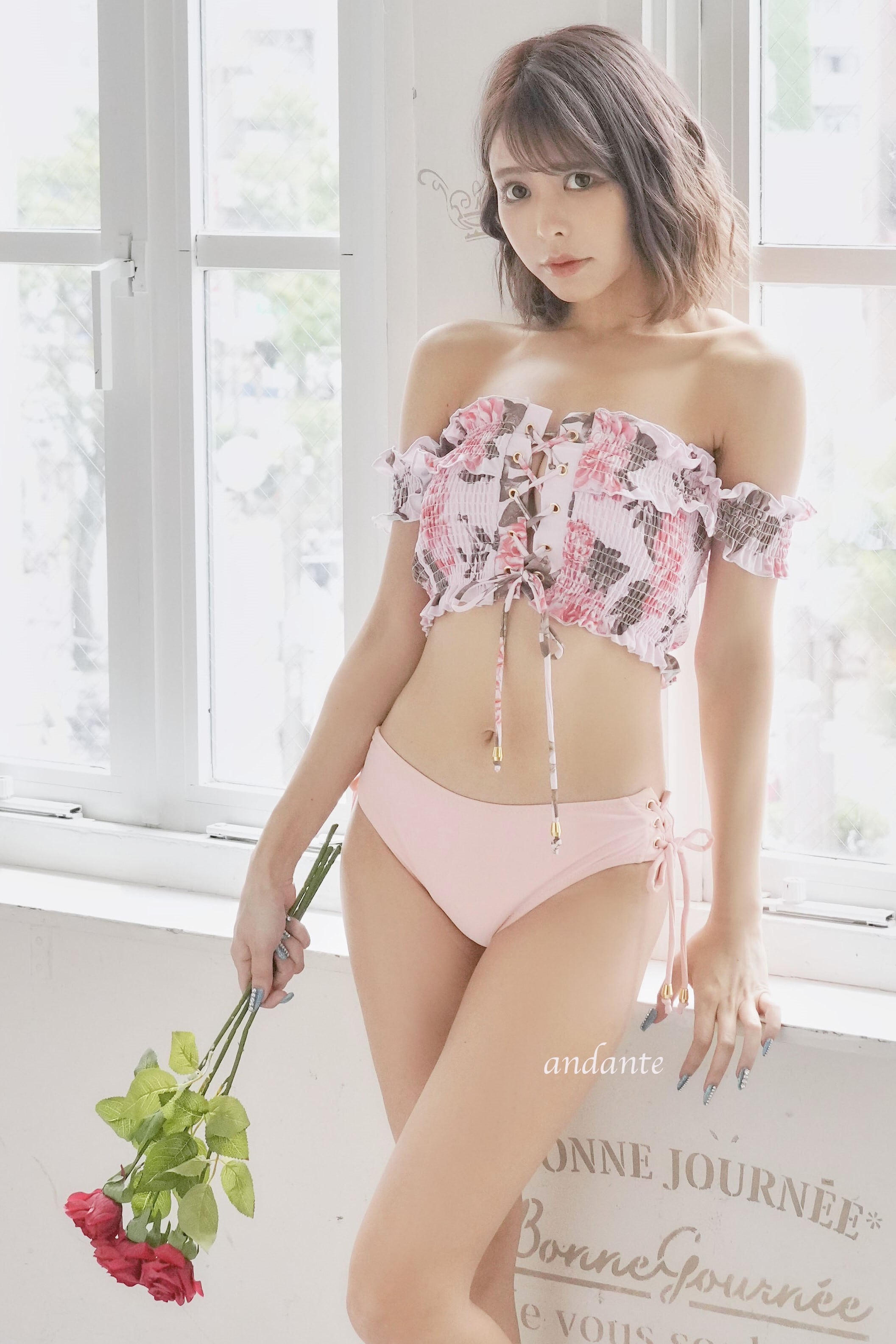 人気no オフショル花柄 シャーリング水着ピンク 21j アパレル通販 Andante