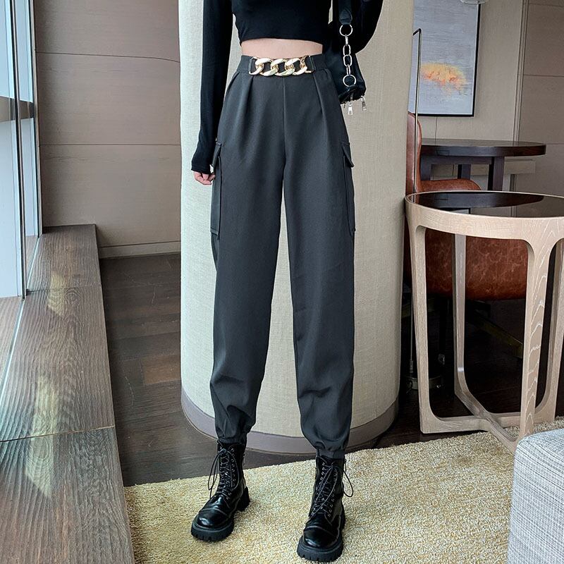 カジュアルパンツ ウェストハイウェストルーズスプリングスリム 春物 ブラックストロベリース41800196992