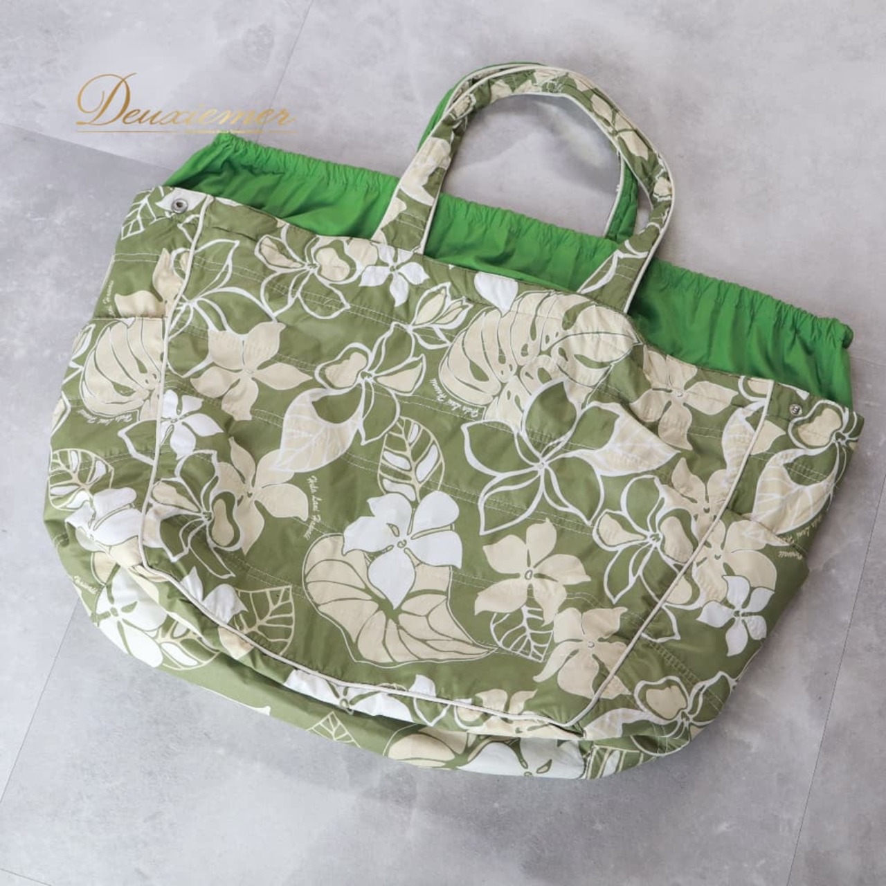 フラダンス 小物 トートバック Hula Lani カーキ系 プルメリア柄 モンステラ柄 ハワイアンプリント ハワイアンダンス アロハ フラ ダンス レッスン 練習 ホワイト系 ベージュ系 グリーン系 衣装バッグ レッスンバッグ 緑 白 肌色