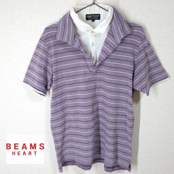 □BEAMS HEART/ビームスハート/半袖レイヤードポロシャツ/ボーダー柄/L
