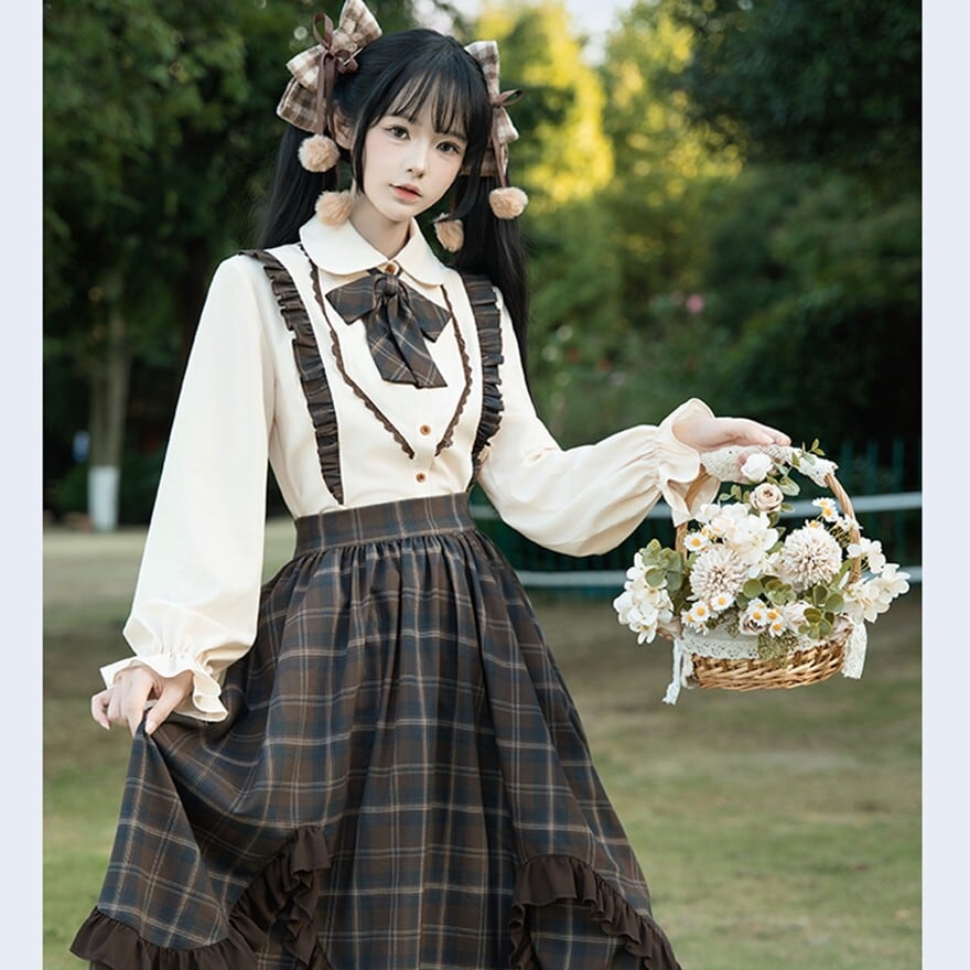 クラロリ ブラウンチェック柄 フリル付きロングフレアスカート