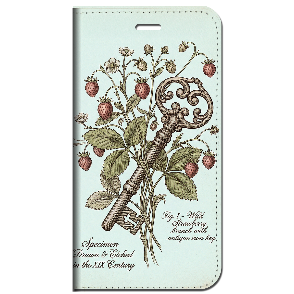 iPhone対応 スマホ 手帳型ケース 野いちご アンティークキー 標本 博物画 ボタニカル 19世紀 鍵 ペールシアン ラッキー アート ミント 青 スマホケース スタンド 【iPhone17 / iPhone16e / iPhone16 他 iPhone各機種対応】 |iaspeg06