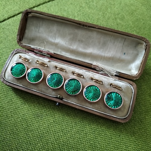 Antique UK Green Glass and Rose Gold Waistcoat Buttons