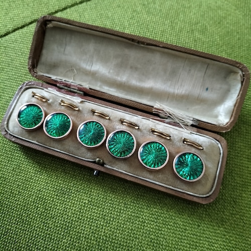 Antique UK Green Glass and Rose Gold Waistcoat Buttons