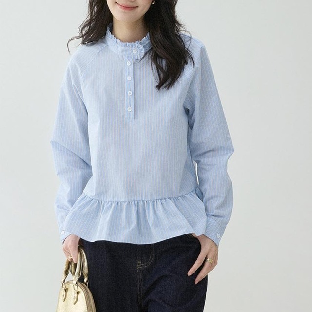 stand frill collar stripe shirt