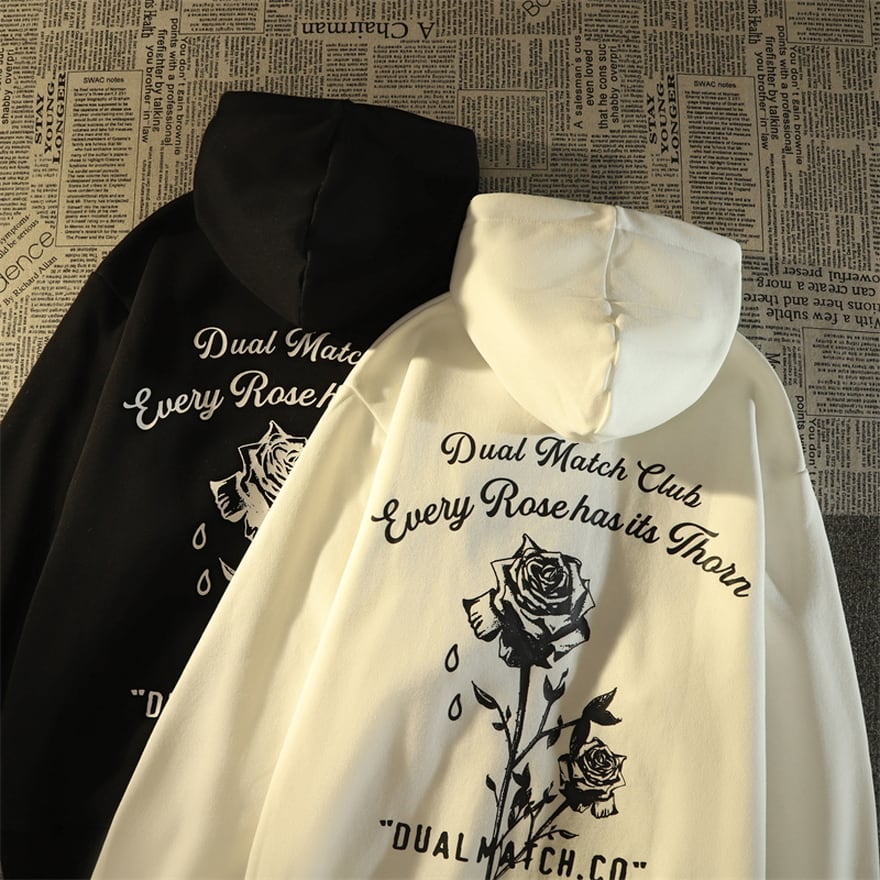 サブカル 服 地雷系 通販 フリース パーカー ユニセックス プルオーバー 英字ロゴ 薔薇 プリント柄 Z世代